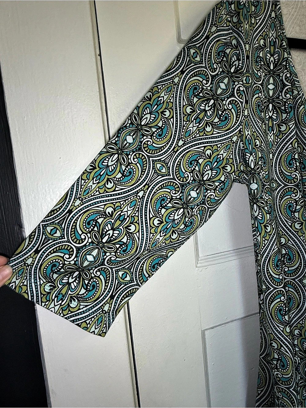 prAna Nadia Veeda V-Neck Faux Wrap 3/4 Sleeve Paisley Midi Dress Green & Blue XL - Picture 8 of 13
